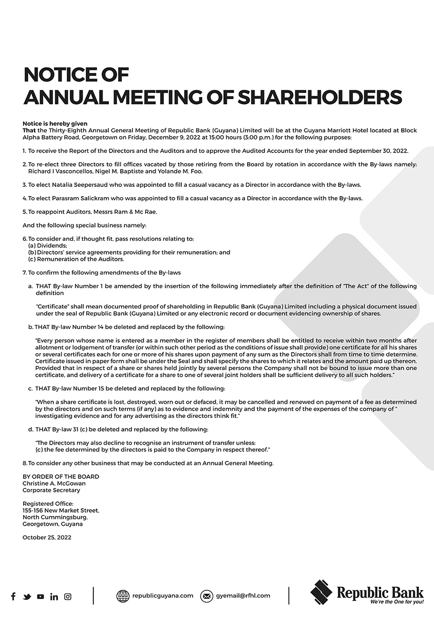 NOTICE: Annual Meeting Of Shareholders | Republic Bank