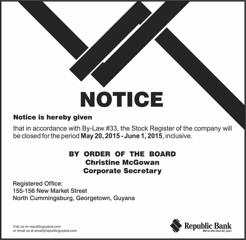 NOTICE Closure Of Stock Register Republic Bank