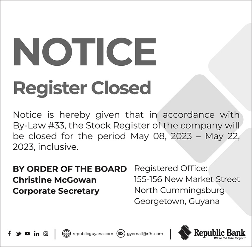 NOTICE Register Closed Republic Bank